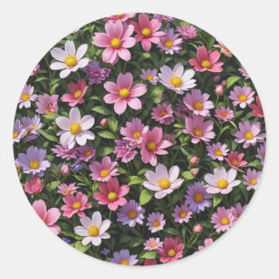 Sticker Rond Jardin à fleurs rose et blanc