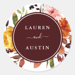 Sticker Rond Jardin d'automne Bourgogne Mariage d'aquarelle
