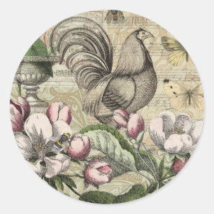 Sticker Rond Jardin de Coq Vintage Art Collage : Campagne Franç