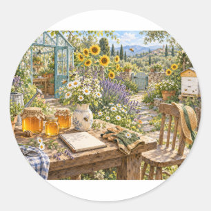 Sticker Rond Jardin de cottage de l'abeille à miel ensoleillé