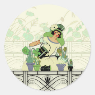STICKER ROND JARDIN DE FENÊTRE, DAME D'ART DÉCO : VERTS D'ÉT
