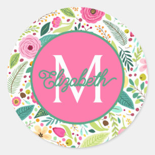 Sticker Rond Jardin de fleurs printanières monogramme