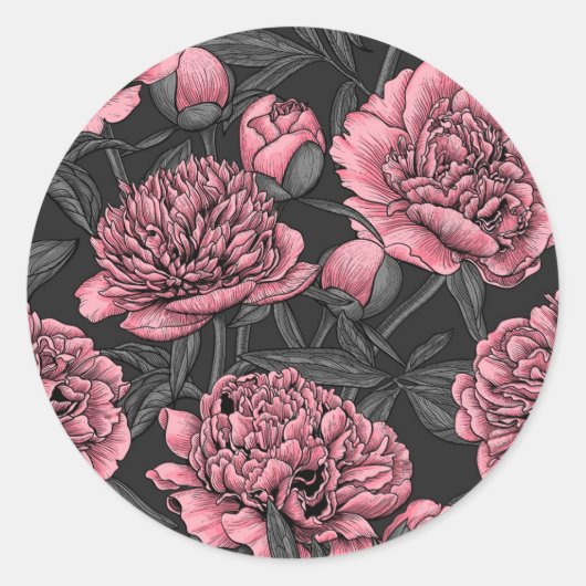 Sticker Rond Jardin de pivoine nocturne rose et gris (Devant)
