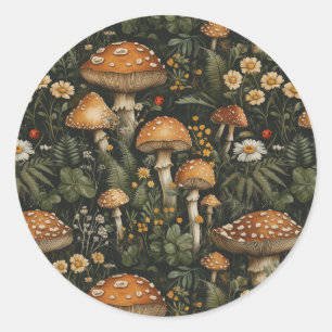 Sticker Rond Jardin des champignons vintages Motif sans couture