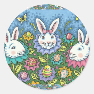 STICKER ROND JARDIN D'OEUFS DE PÂQUES BLANCS, FLEURS DE RABBIT