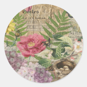 Sticker Rond Jardin Floral de Nid d'Oiseau Art Papillon Fleur