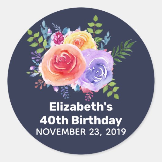 Sticker Rond Jardin Rose Fleurs d'aquarelle Anniversaire (Devant)