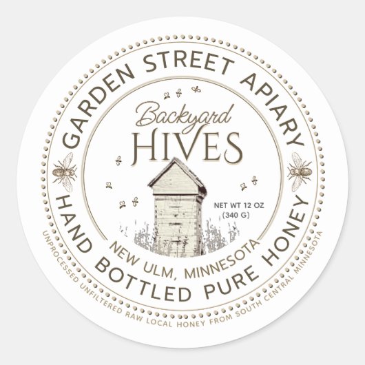 Sticker Rond Jardin ruches à main Bouteille de miel pur (Devant)