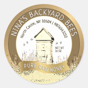 Sticker Rond Jardin ruches Miel pur miel cru Or