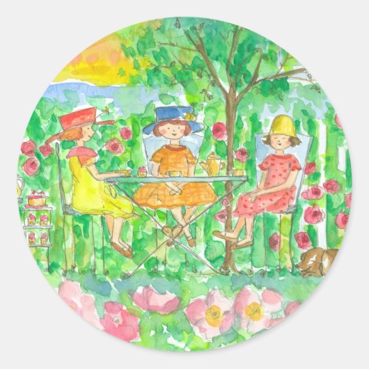 Sticker Rond Jardin Tea Party Filles Aquarelle Fleurs (Devant)