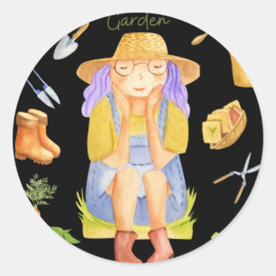 Sticker Rond Jardin Whimsening Lady Aquarelle Art