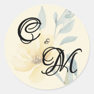 Sticker Rond Jaune Beurre Pâle Mariage Floral Bleu Tendre