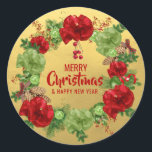 Sticker Rond JAUNE CHRISTMAS FROID personnalisé Wreath Rouge Ve<br><div class="desc">Ajoutez ces fêtes de Noël en or rouge rouge noir et joyeux autocollants de nouvelle année à vos cartes de voeux,  enveloppes ou cadeaux. Couronne de Noël avec arcs,  cônes de pin,  ornements. Texte modifiable - couleur,  police et taille.</div>