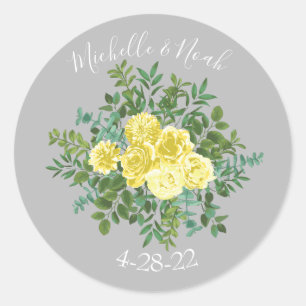Sticker Rond Jaune clair et gris pivoine et Rose Mariage floral