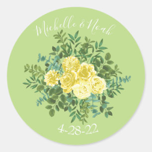 Sticker Rond Jaune clair et vert pâle Rose Mariage floral