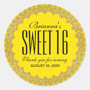 Sticker Rond Jaune et or Personnalisé Sweet 16 Party
