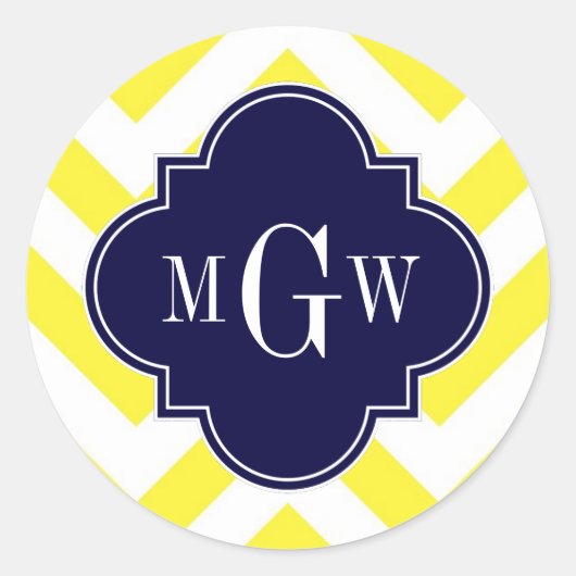 Sticker Rond Jaune Lg Chevron Navy Quatrefoil 3 Monogramme (Devant)