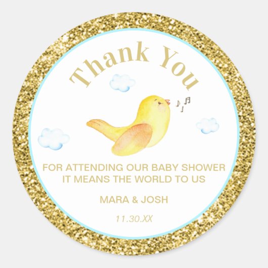 Sticker Rond *~* Jaune Oiseaux Nuages Ciel Baby shower Merci (Devant)