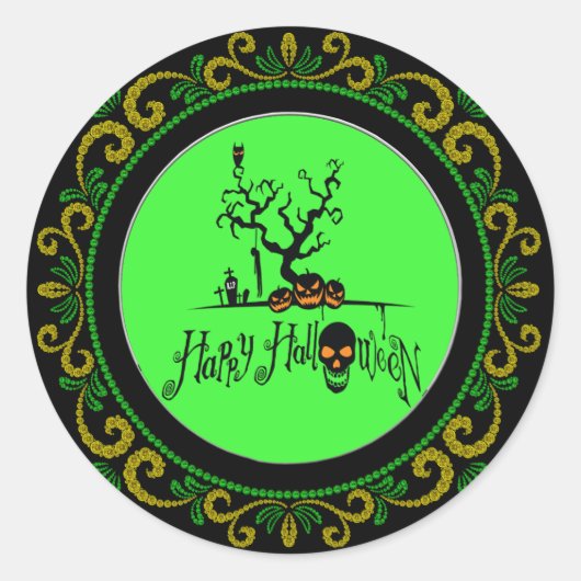 Sticker Rond Jaune vert Joyeux Halloween Grave Yard (Devant)