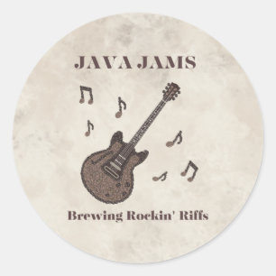Sticker Rond Java Jams-Brassin' Riffs Rockin'-Café-Guitare-