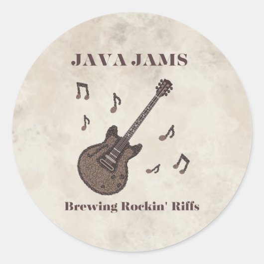 Sticker Rond Java Jams-Brassin' Riffs Rockin'-Café-Guitare- (Devant)