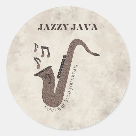 Sticker Rond Jazzy Java-Grains de Café-Saxophone- (Devant)