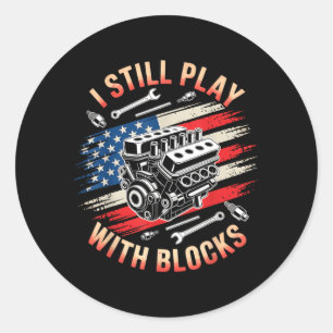 Sticker Rond Je joue avec des blocs drôle de moteur de voiture