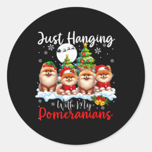 Sticker Rond Je me suis accroché à mes Poméraniens Noël Trois P