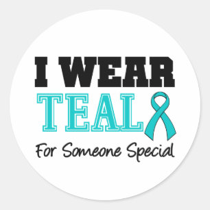 Sticker Rond Je Porte Du Ruban Turquoise Pour Quelqu'Un Spécial