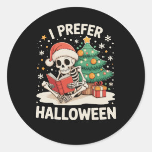 Sticker Rond Je préfère Halloween Skeleton Reading Book Noël
