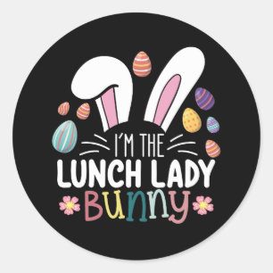 Sticker Rond Je suis La Dame du Déjeuner Bunny Pâques qui corre