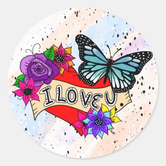 Sticker Rond Je T'Aime | Coeurs, Roses et papillons (Devant)
