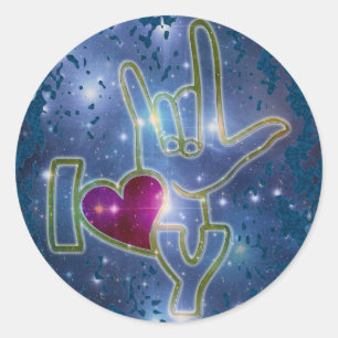 Sticker Rond JE T'AIME/éclaboussure bleu-foncé de la langue des