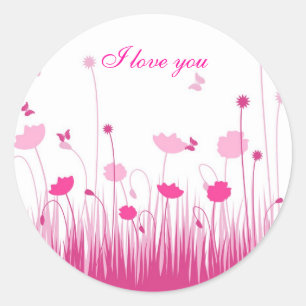 Sticker Rond Je T'Aime Minimaliste Pink White Poppies Floral