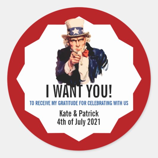 Sticker Rond JE VEUX QUE VOUS Uncle Sam Merci Fête Favoriser Cl (Devant)