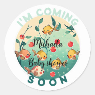 Sticker Rond Je viens Bientôt Fun Yellow Cherry Fish Baby