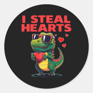Sticker Rond Je vole des cœurs T-rex Mignon Saint-Valentin