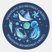 Sticker Rond Jellyfish, Crabe, Stingray Ocean Animaux Aquarelle (Devant)