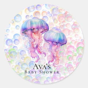 Sticker Rond Jellyfish et bulles colorées Baby shower fille