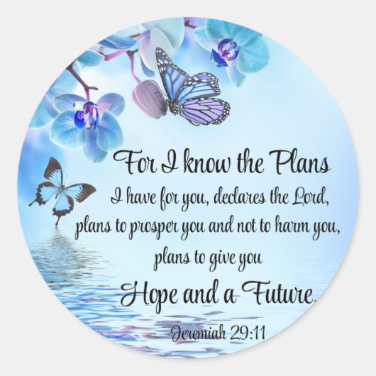 Sticker Rond Jeremiah 29:11 Tropical Orchids Butterfly Bible (Devant)
