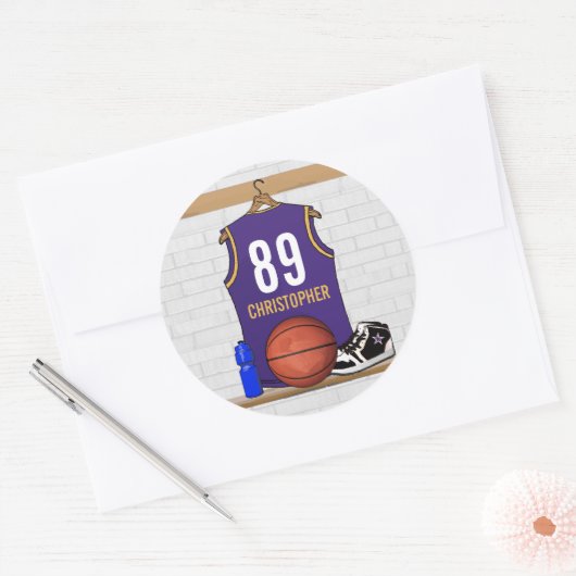 Sticker Rond Jersey de basket-ball personnalisé violet et or (Enveloppe)