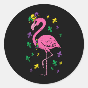 Sticker Rond Jester Flamant rose rose Oiseau mignonne Mardi Gra