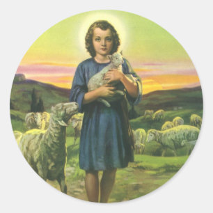 Sticker Rond Jésus-Christ berger vintage avec agneau bébé