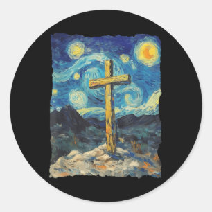 Sticker Rond Jesus Cross Van Gogh Style Stress Night Art Christ