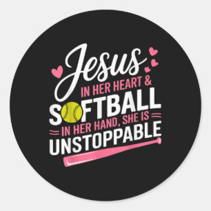 Sticker Rond Jésus Dans Son Coeur Et Softball Dans Sa Main Soft