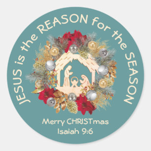 Sticker Rond JÉSUS EST LA RAISON DE Noël Bleu