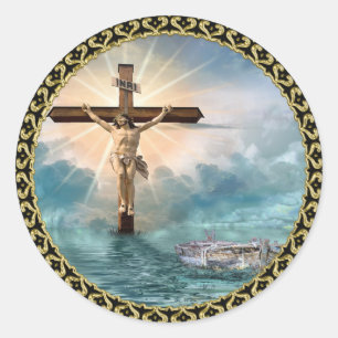 Sticker Rond Jésus pendu à une croix de crucifixion chrétienne.