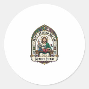 Sticker Rond Jésus Réparation Couture Cœur Réparé Jésus Réparat