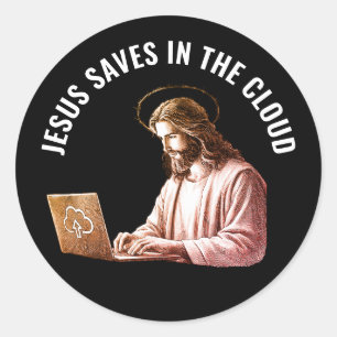 Sticker Rond Jésus Sauve dans le Cloud - Jésus Mème Carré Drôle