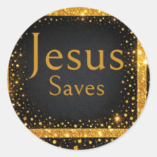 Sticker Rond Jésus Sauve, Or Noir Points, Rayures Luxe